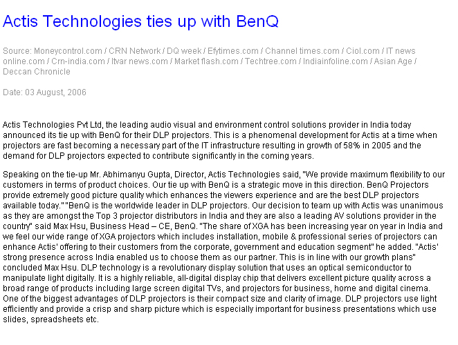 Actis Technologies ties up with Benq