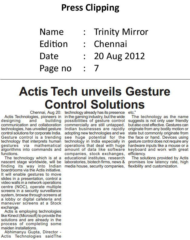 Actis Tech Unveils Gesture Control Solutions - Trinity-Mirror