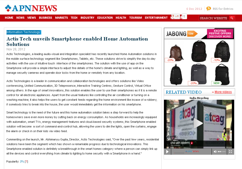 Actis Tech unveils Smartphone enabled Home Automation Solutions - Apnnews