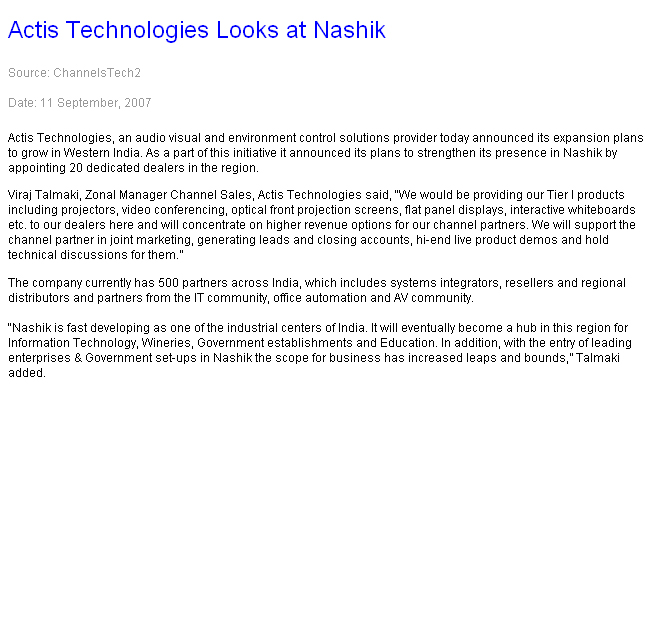 Actis Technologies Looks at Nashik