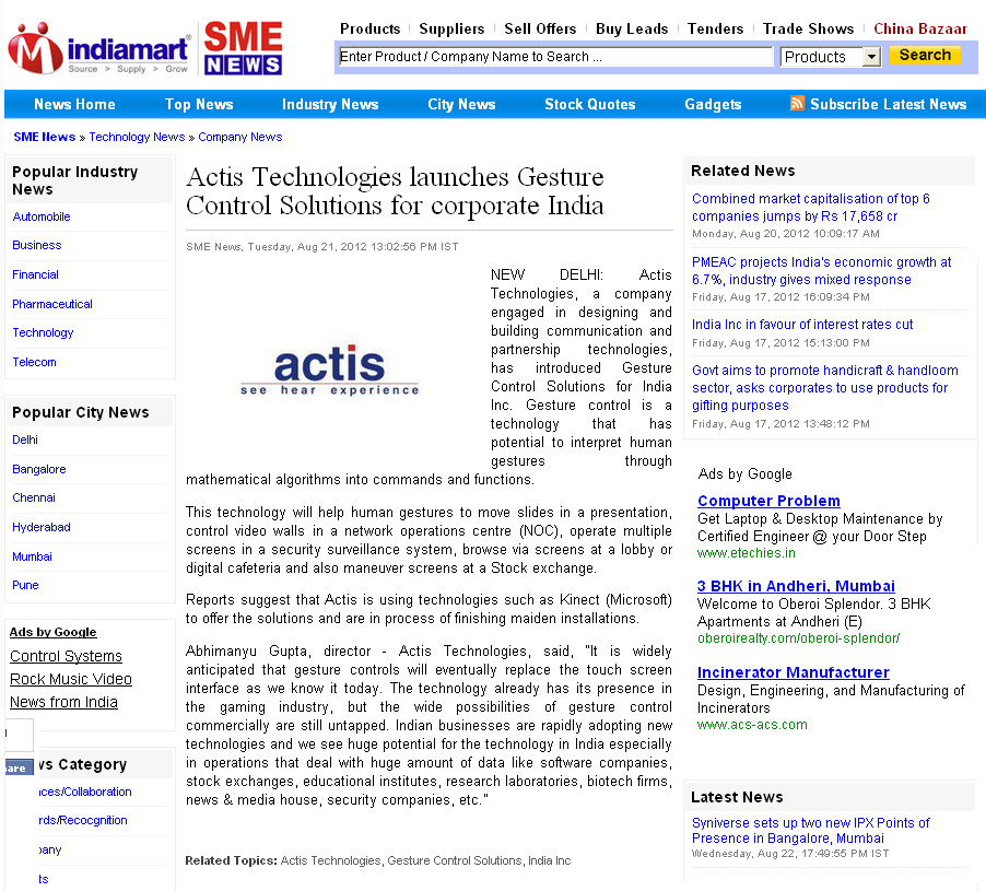 Actis Technologies launches Gesture Control Solutions for corporate India - Indiamart