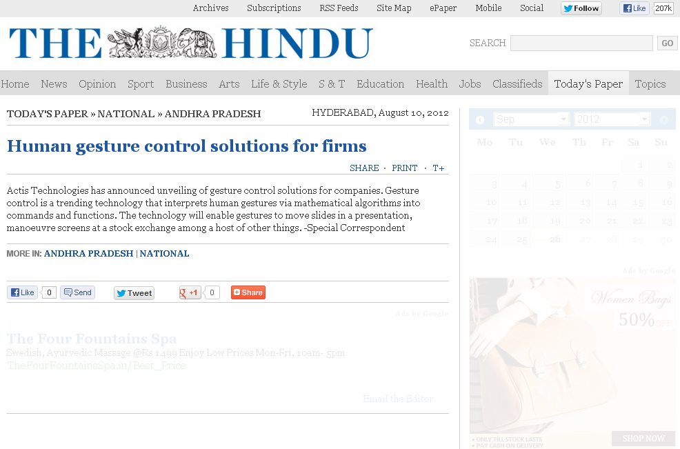 Human gesture control solutions for firms - The Hindu Online