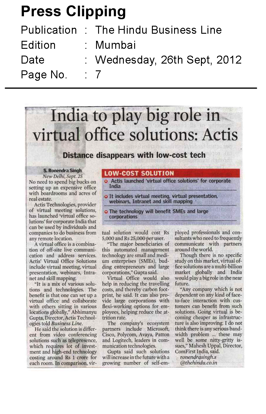 India to play big role in virtual office solutions -  Actis