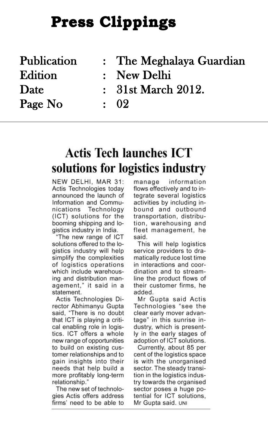 Actis Tech Launches ICT solutions for Logistics Industry - The Meghalaya Guardian